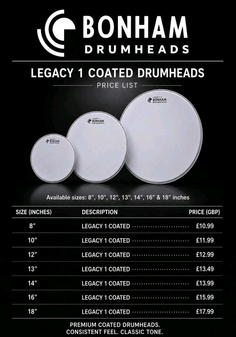 A digital price list graphic for Bonham Drumheads Legacy 1 Coated Drumheads, showing three white drumheads of different sizes on a black background with a size and price table below.